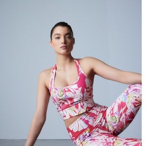 NWT JOSIE NATORI SOLSTICE T-BACK CROP TOP Size L Pink Poppy Trellis Wave